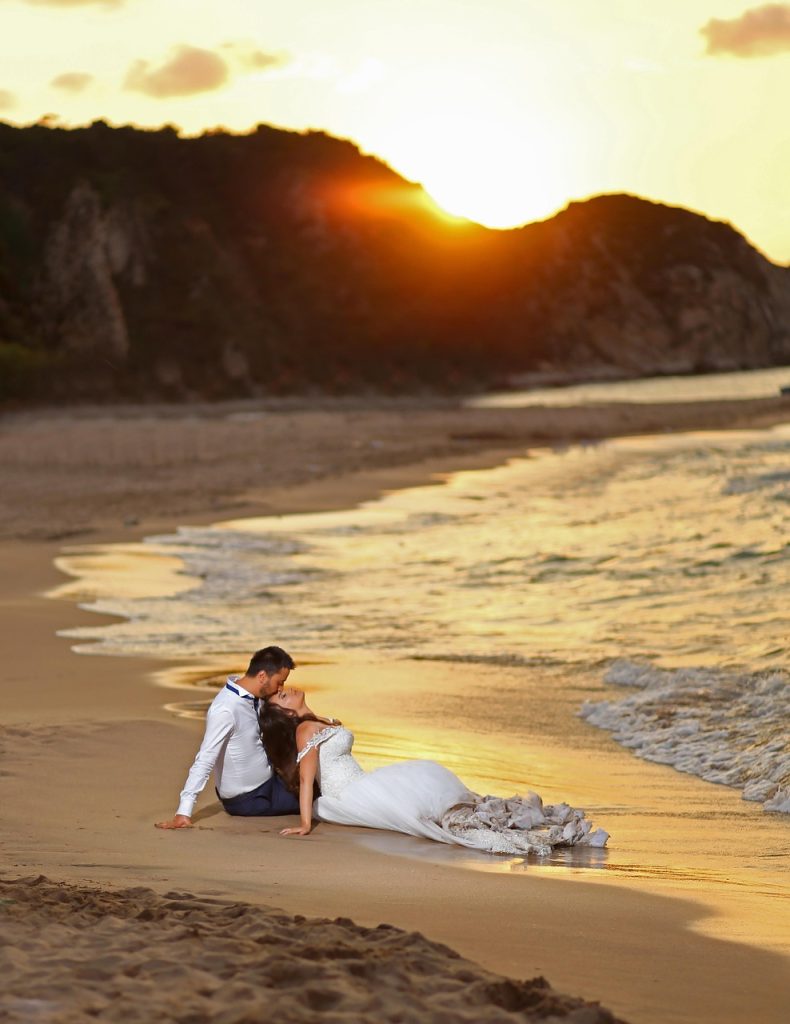 wedding photography, newlyweds, nature, husband and wife, bride and groom, man and woman, beach, sunset, sand, waves, beach wedding, wedding dress, bride, groom, couple